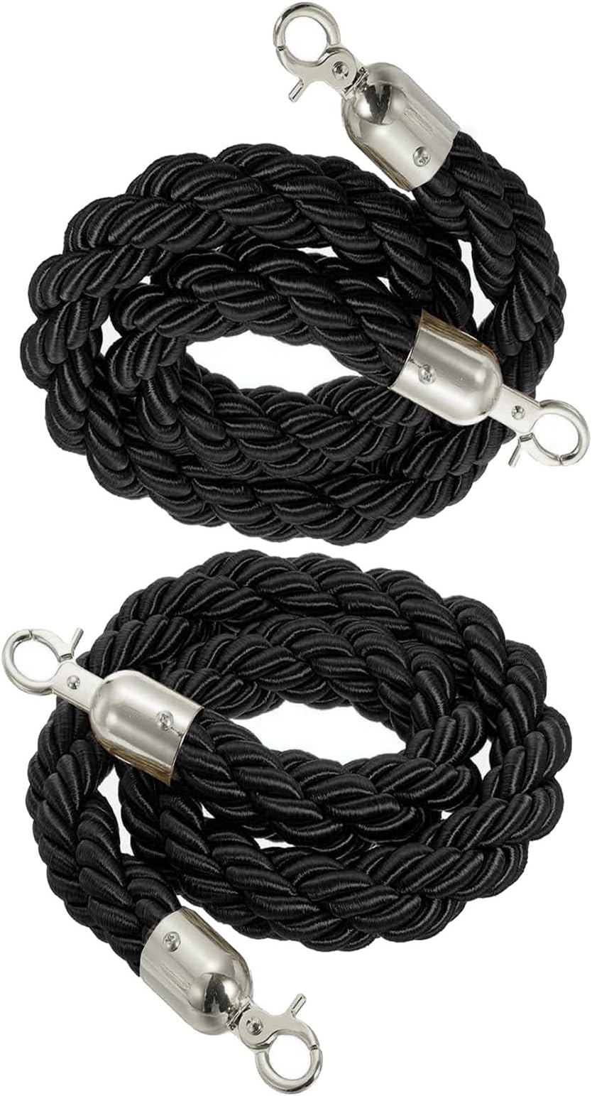 Crowd Control Stanchion Rope 2-Pack 6ft Black Braided Hemp with Silver Hooks Queue Divider for Event Line Management Queue Barrier Ropes 1.3" Diameter