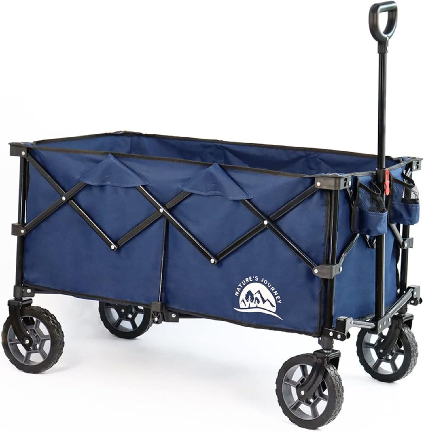 Collapsible Folding Outdoor All Terrain Utility Cart Camping Wagon with Spacious Storage Volume and More Silence Wheels, Navy