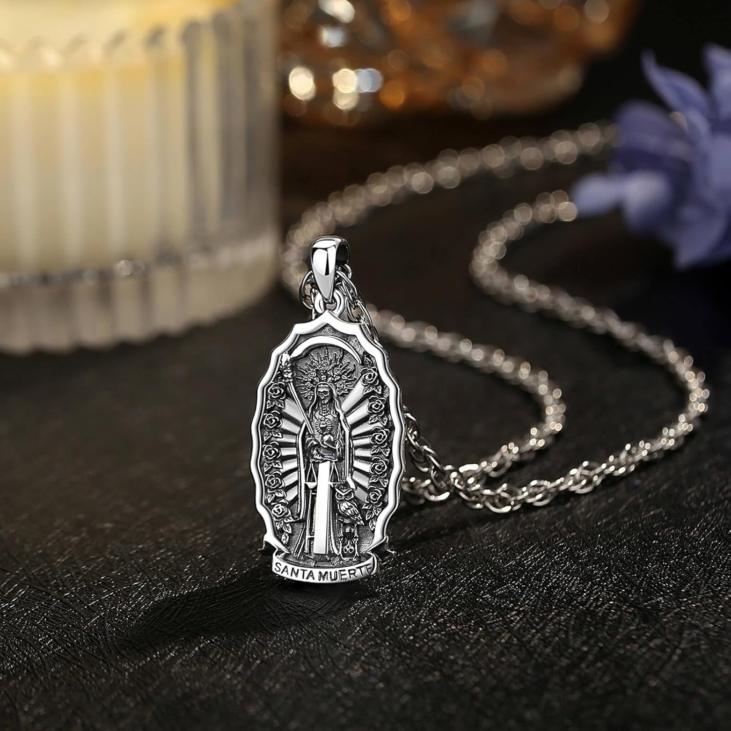 Vito 925 Sterling Silver Santa Muerte Necklace for Men Women, Skull Necklaces Grim Reaper Pendant Holy Death Original Jewelry Gift, 24“