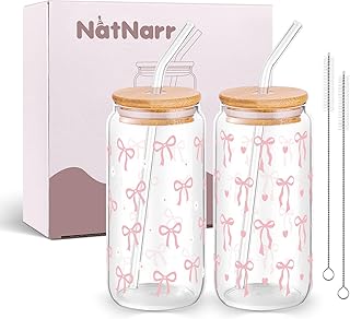 2 Pcs Coquette Pink Bow Glasses Cups, 16oz Cute Bow Glass Cups with Lid