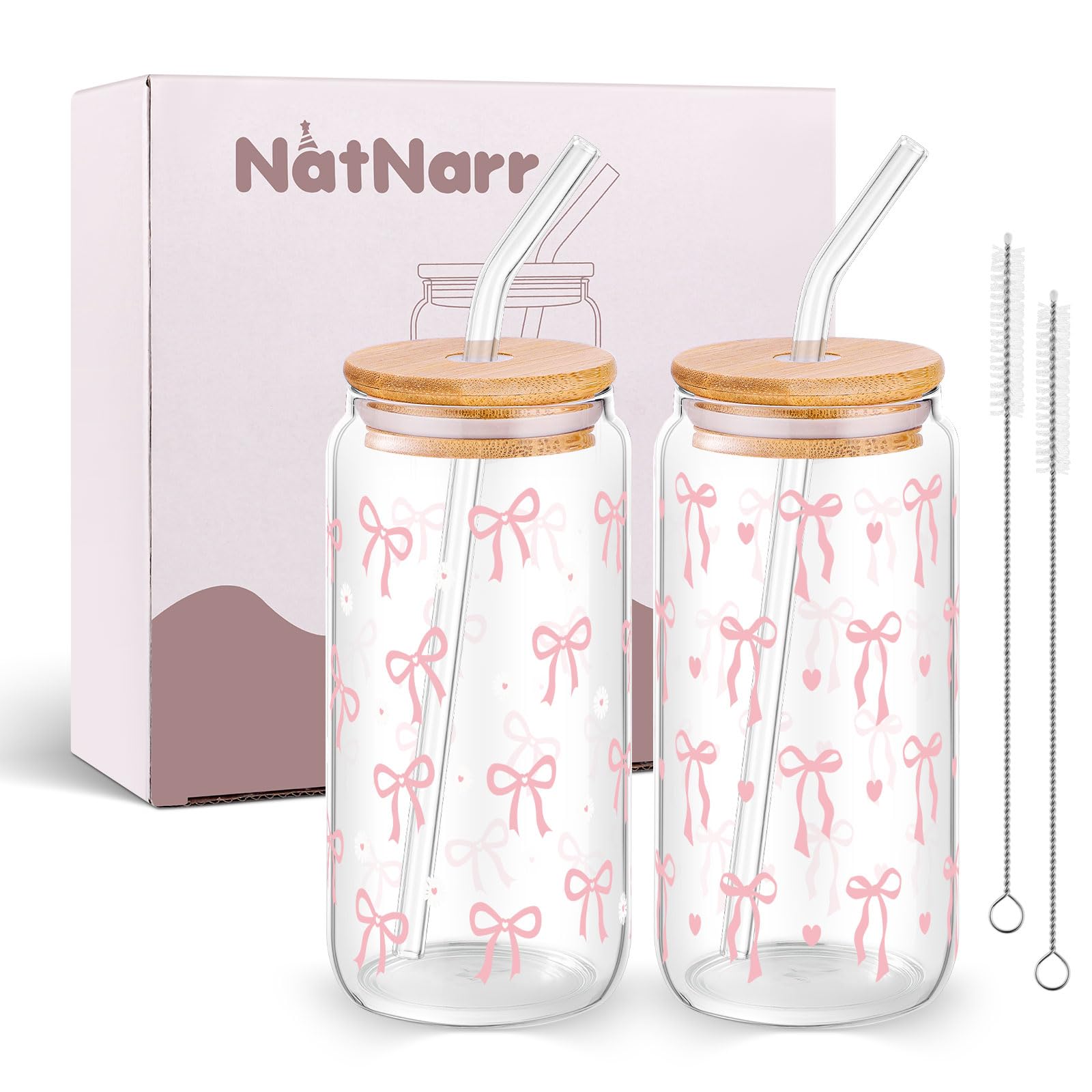 2 bicchieri da caffè ghiacciati estetici da 473,6 ml, bicchieri in vetro con coperchio, pennello e cannucce, bicchieri riutilizzabili per adolescenti, ragazze, donne, bambini, regali alla moda