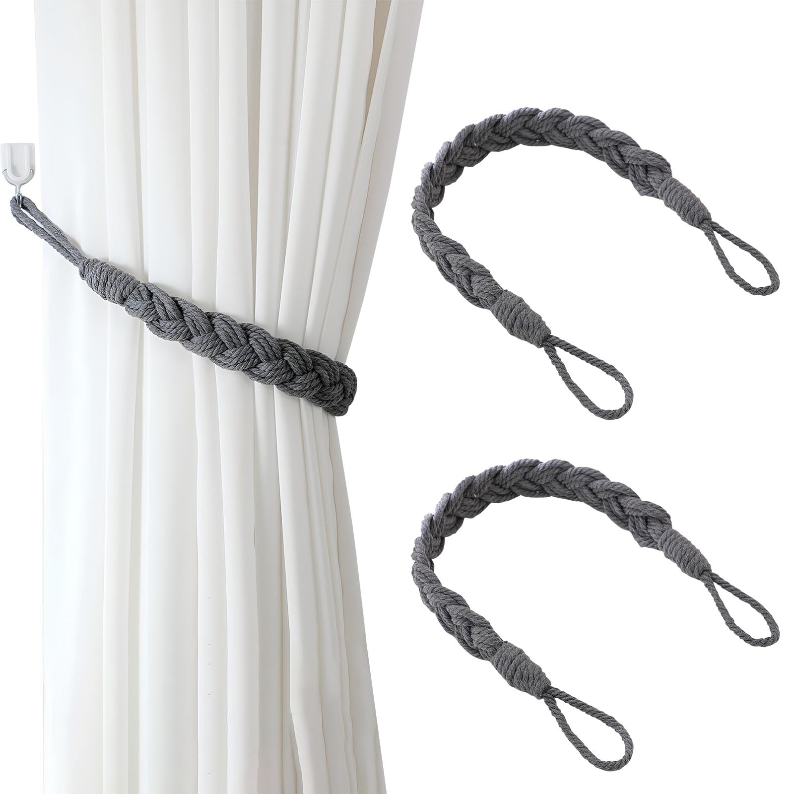 2 Pack Grey Braided Cotton Curtain Tie Backs, Hand-Knitted Rope Style Holders for Drapes and Window Decor.