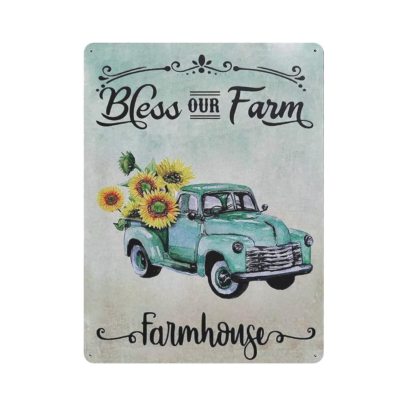 Metal Tin Sign This Farm Green Truck Sunflowers Vintage Tin Poster Metal Sign Wall Decoration Country Kitchen Home Garage Decor 16"x12"