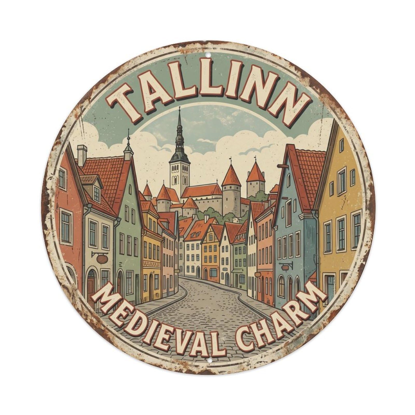 Vintage Travel Tallinn Estonia Oldtown Metal Tin Sign Plaque Wall Decor for Cafe, Club Bar, Office, Home Garden Round Metal Poster 8x8Inch