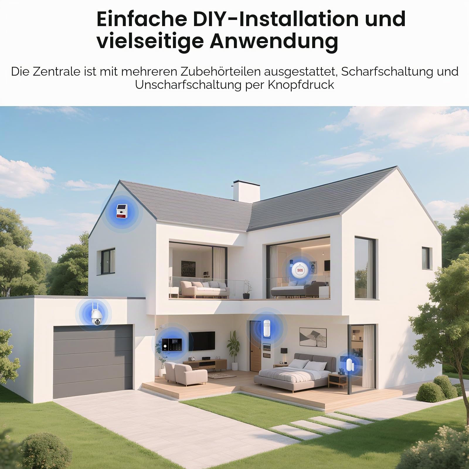 PGST GSM WiFi Funk Alarmanlage Haus - Smartphone App und SMS/Anruf - mit Sirene Fenster Türsensor Bewegungsmelder Fernbedienungen RFID,Funktioniert mit Alexa