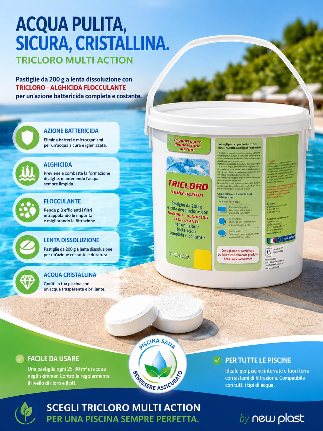 NewPlast 0961 Tricloro Piscina 5 Azioni, Pastiglie da 200 g, 5 kg