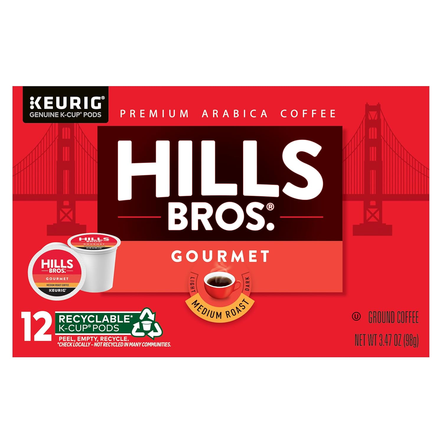 Hills Bros. Gourmet Blend Keurig K-Cup Pods for Keurig Brewers – Medium Roast Premium Arabica Blend, Kosher – 6 Packs of 12 Single Serve Pods