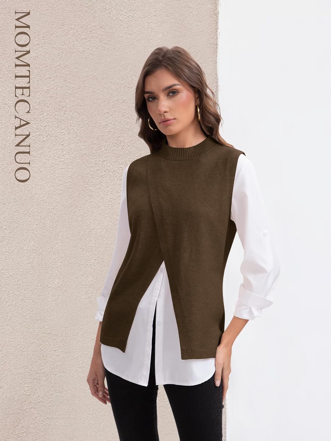 Women's Sweater Vest, Trendy Split Front Vest Top Y2k Sleeveless Mock Neck Pullover Sweater Knit Layering Outfits - Image 2