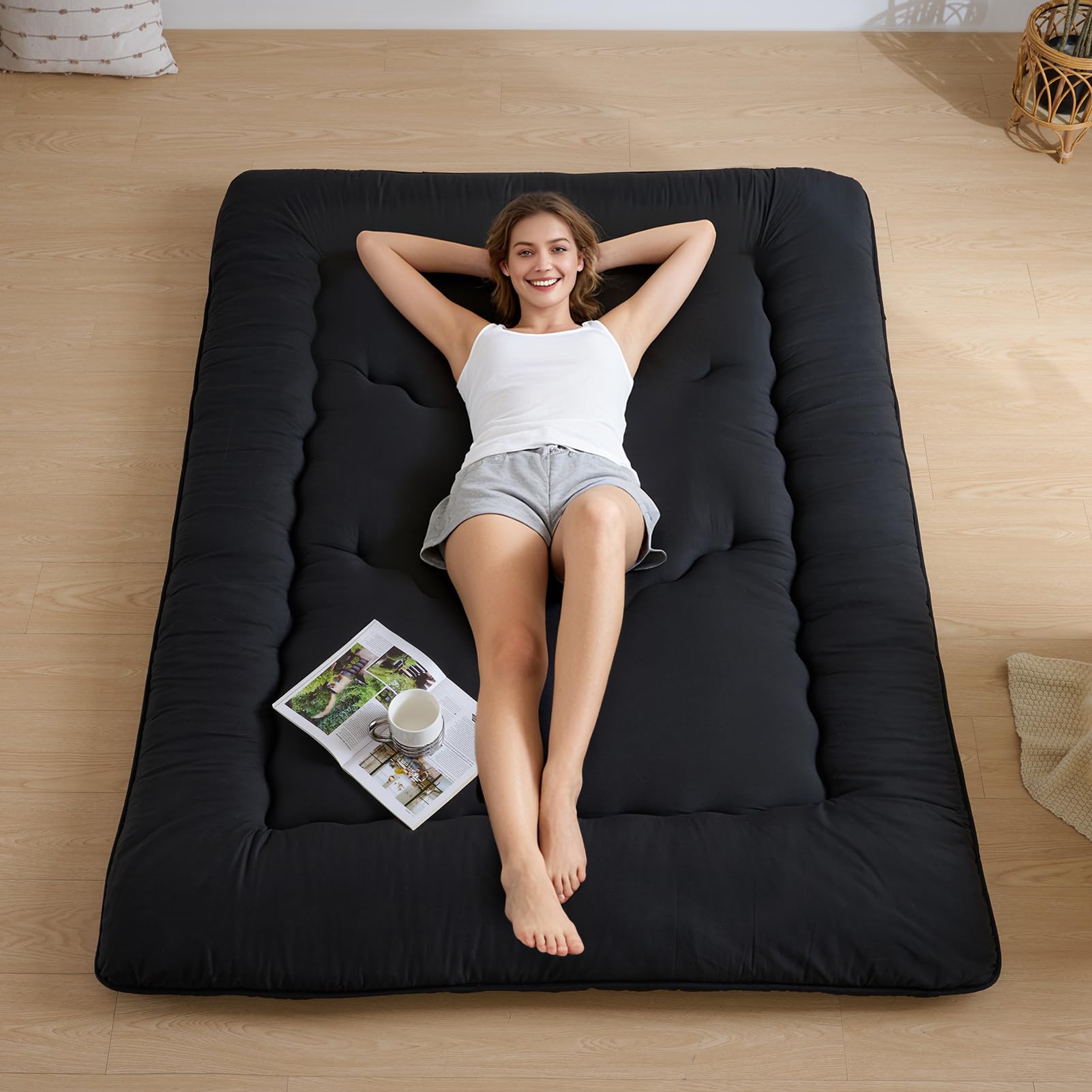 japanese floor mattress, 3.5" thicken futon mattress tatami mat, high density foam support for adult kids sleep, portable futon sofa bed for camping, pet mat, full 80"x 54"-black