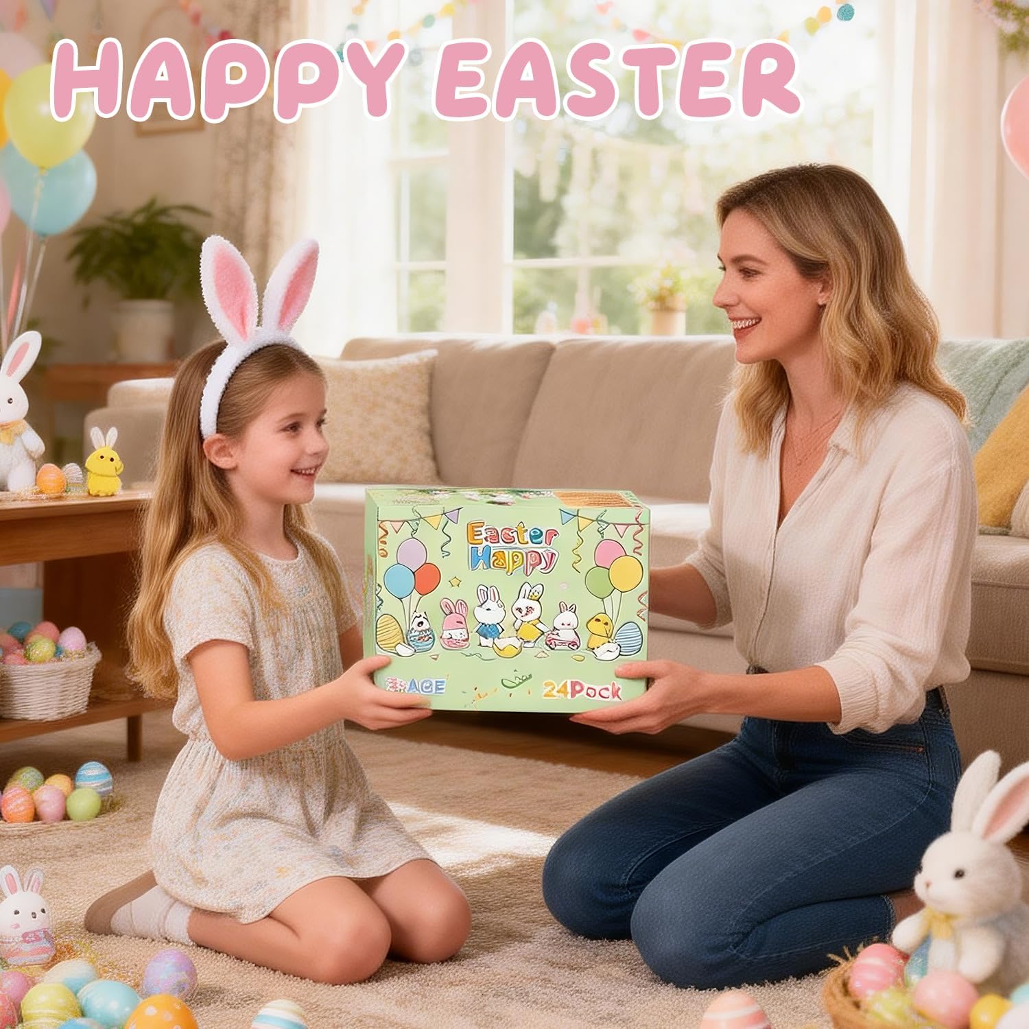 24 Pcs Easter Eggs Filled with Bunny Figurines Set，Prefilled Easter Egg Party Favors，Easter Bunny Figurines Basket Stuffers Fillers, Party Favors and Classroom Prize Supplies