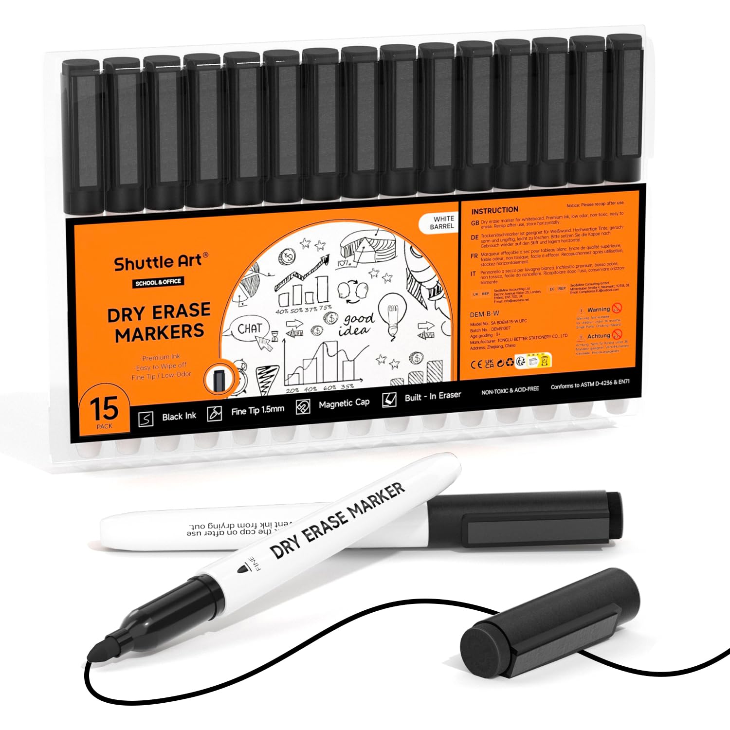 Shuttle Art Rotulador Pizarra Blanca Magnetica Negros, 15 Rotuladores Pizarra Blanca Punta Fina para Niños y Adultos, Whiteboard Marker Material Escolar Perfecto para Aula, Conferencia Global Recycled Standard Global Recycled Standard Global Recycled Standard