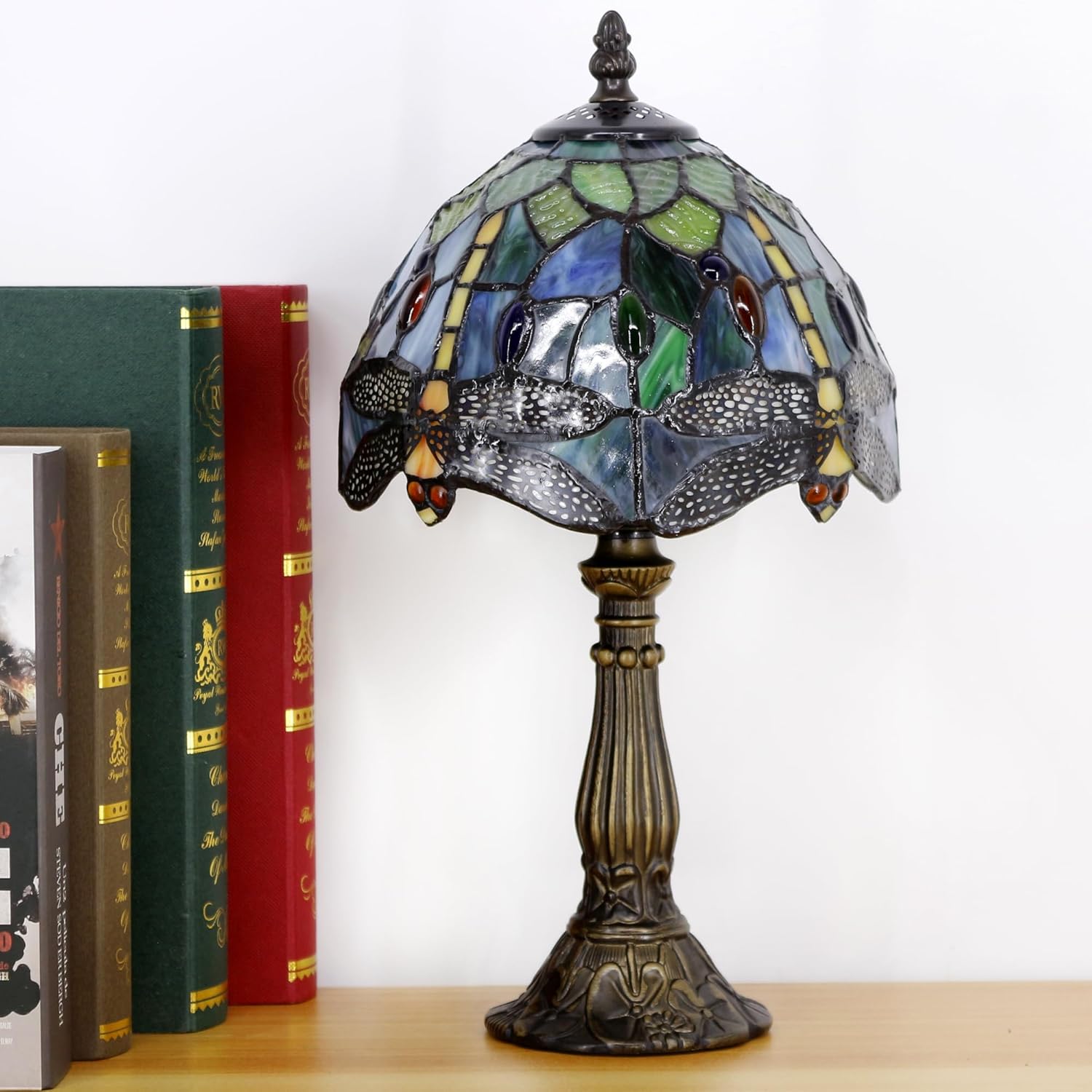 Small Tiffany Lamp Stained Glass Desk Lamp Vintage Tiffany Bedside Table Lamp for Home Living Room Bedroom Nightstand 8X15 Inch (Brown Yellow Dragonfly)
