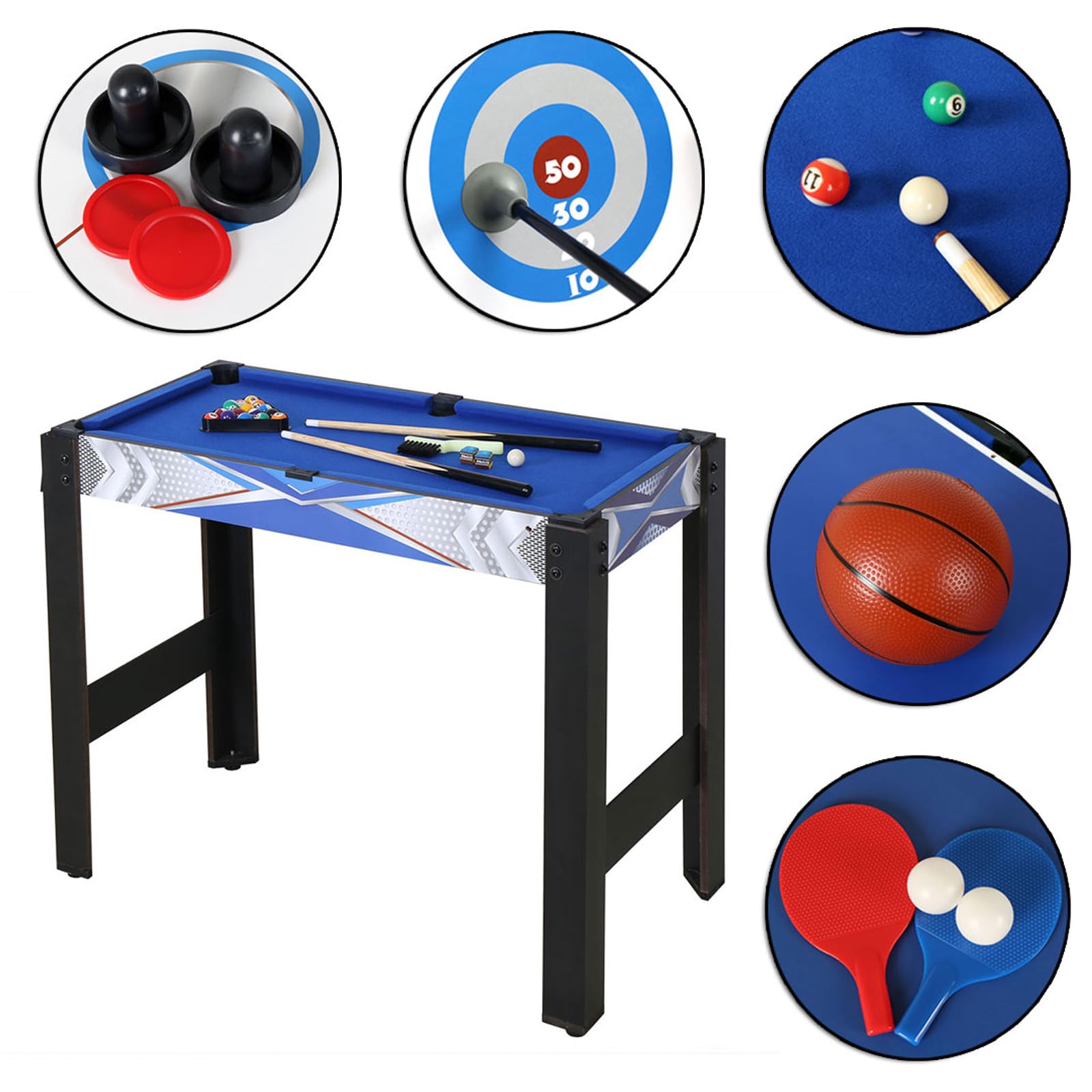 Multifunktionstischspiel Spieletisch 5 in 1 Tischspiel inklusive Billardtisch Basketball Tischtennis Hockey Pfeil und Boge 92cm*46cm*73cm