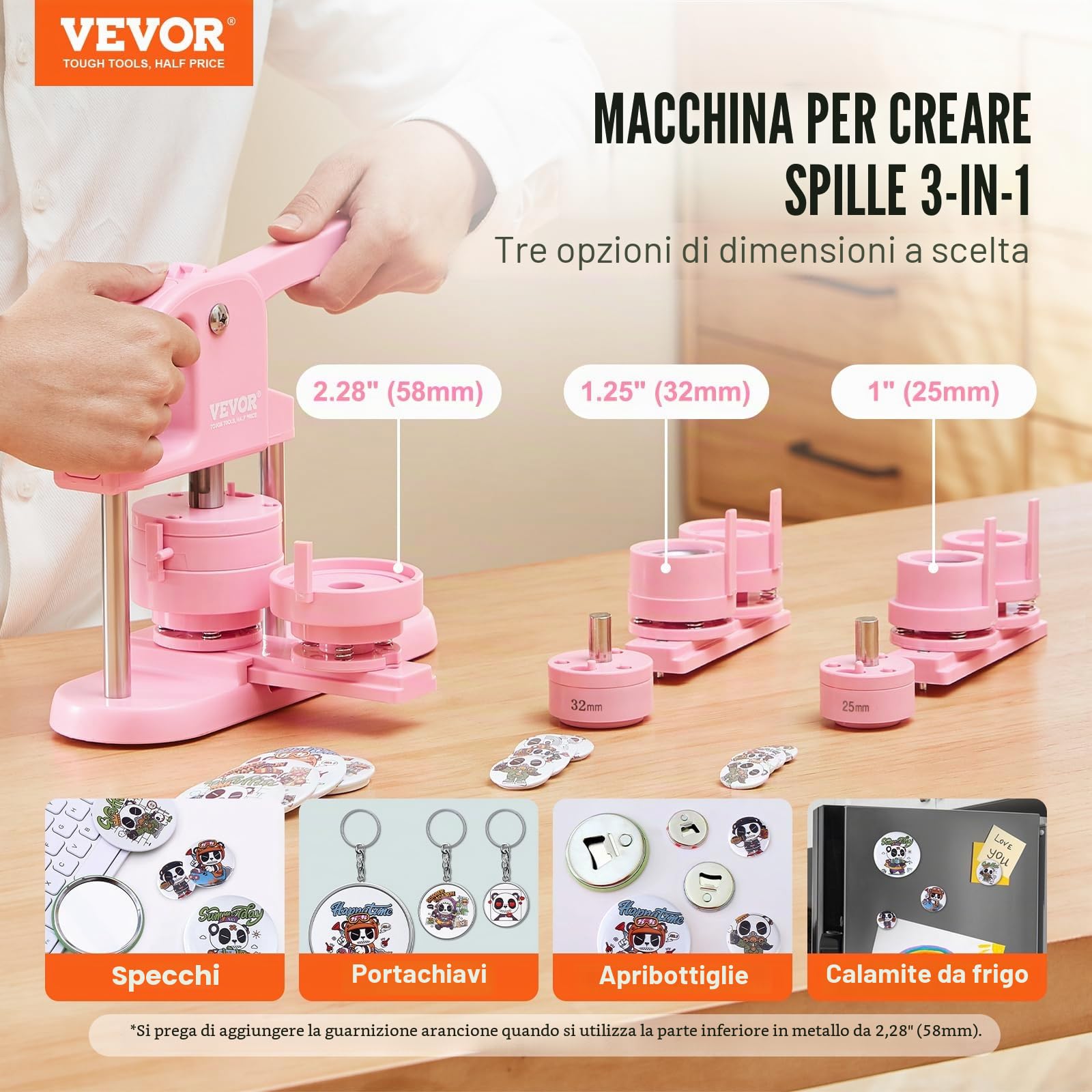 VEVOR Macchina per badge 25/32/58 mm, Pressa per badge con 300 kit di accessori, Kit fustellatrice manuale badge punzonatrice, Macchina per la creazione di badge rosa