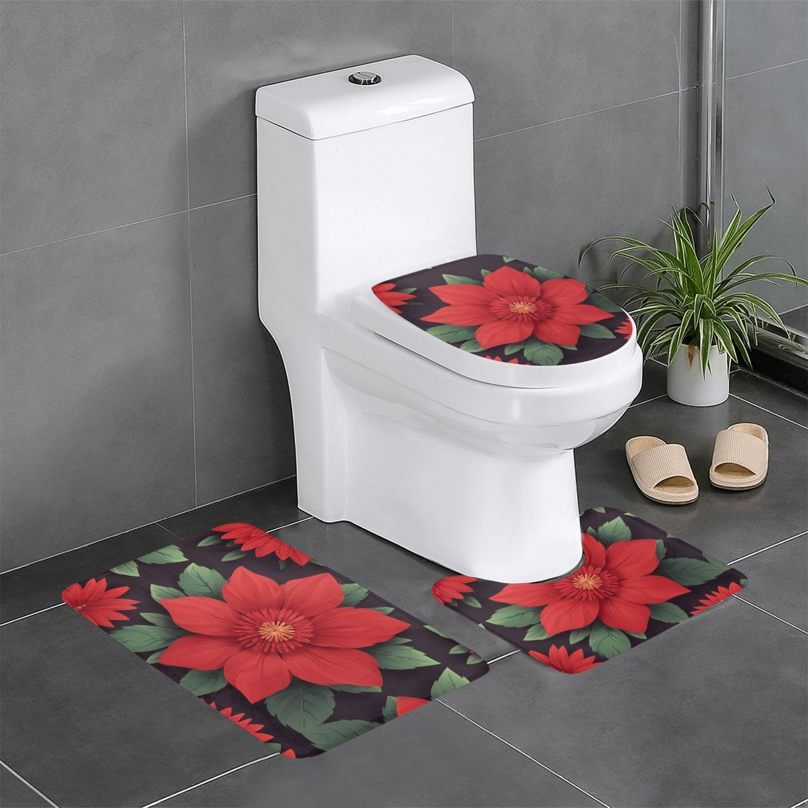 Tapis de salle de bain antidérapants lot de 3 lavables imprimé fleuri