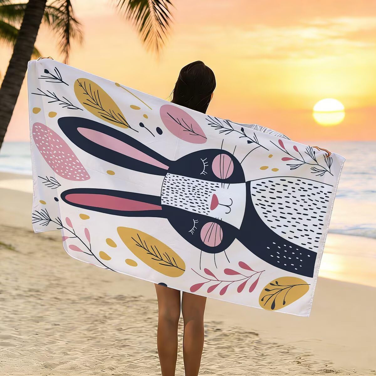 Strandtuch XXL 90x180cm 2er Set, Saunahandtuch Mikrofaser Handtuch, Schnelltrocknend Sporthandtuch Fitnessstudio, Leicht Badehandtuch Groß, Sandfrei Strandtuch, Geschenke für Männer (Kaninchen) -4025