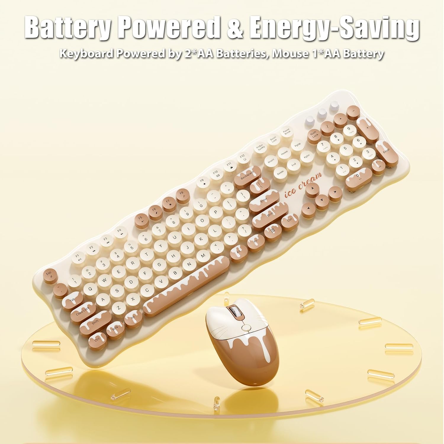 Wireless Keyboard and Mouse Combo, 104-Key Membrane Keyboard Round Keycaps and 4-Key Optical Mouse Set for Win/Mac/PC/Laptop, Batteries Included, Ice Cream