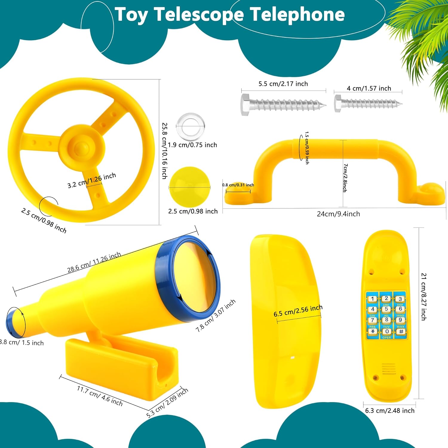 5 Pack Kids Playground Accessories Set Swingset Steering Wheel Plastic Telescope Safety Handles Telephone Toy for Outdoor Playhouse Playset (Color Set 4)