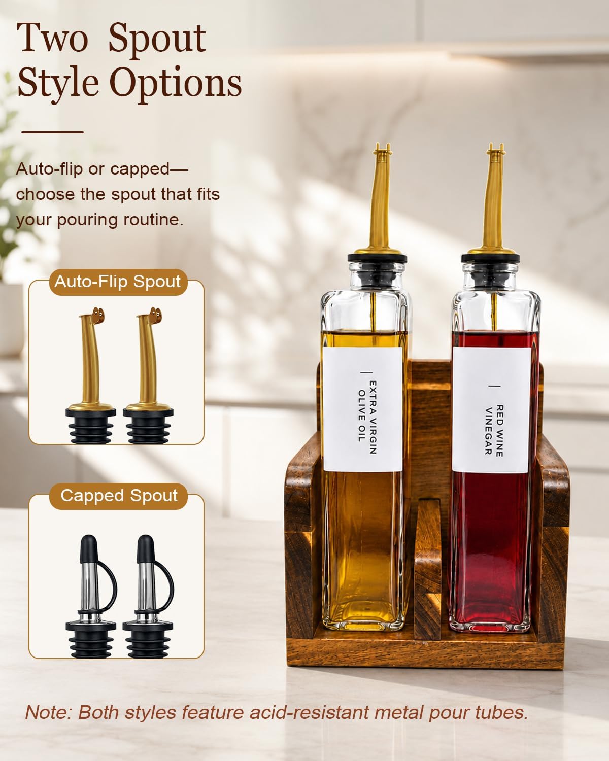 Glass Oil and Vinegar Dispenser Set with Acacia Wood Stand, 2 Pack 12 oz | Olive Oil Dispenser Bottle with Bookshelf-Style Acacia Tray, 4 Spouts & 35 Labels for Kitchen, Restaurants, Airbnb