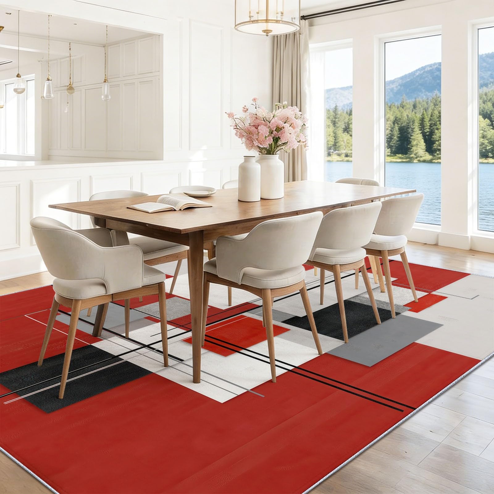 Czerwony dywan do salonu mały dywan, 60 x 110 cm Wycieraczka wewnętrzna Wejście Antypoślizgowe, Nowoczesne Abstrakcyjne Geometryczne Kolorowe klocki Dekoracja domu Duży dywan do jadalni Sypialnia