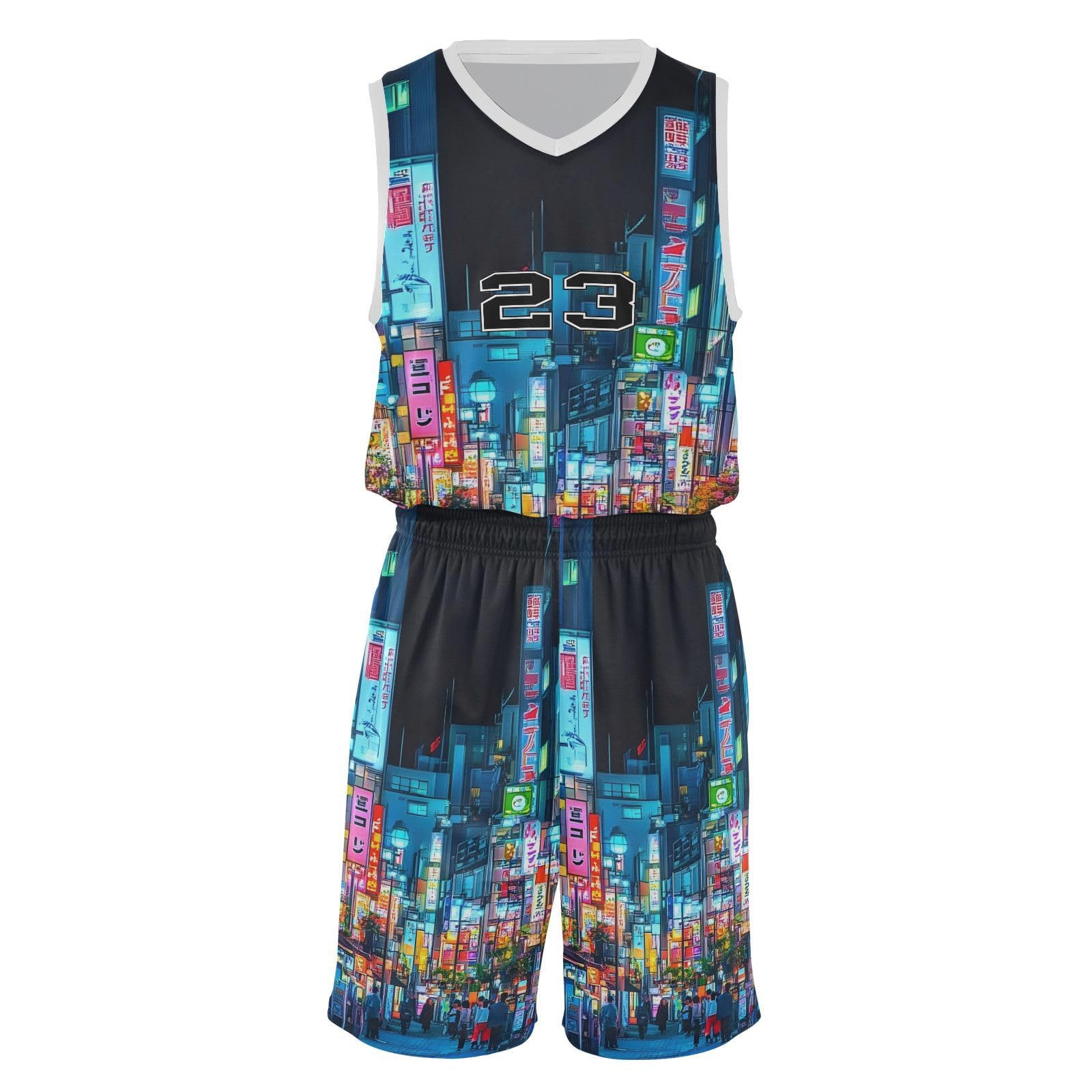 FLildon Japanese Neon Punk Futuristic City Boys Basketball Jersey Set Tank Top Shorts Tracksuit Sport Training Suit for Kids