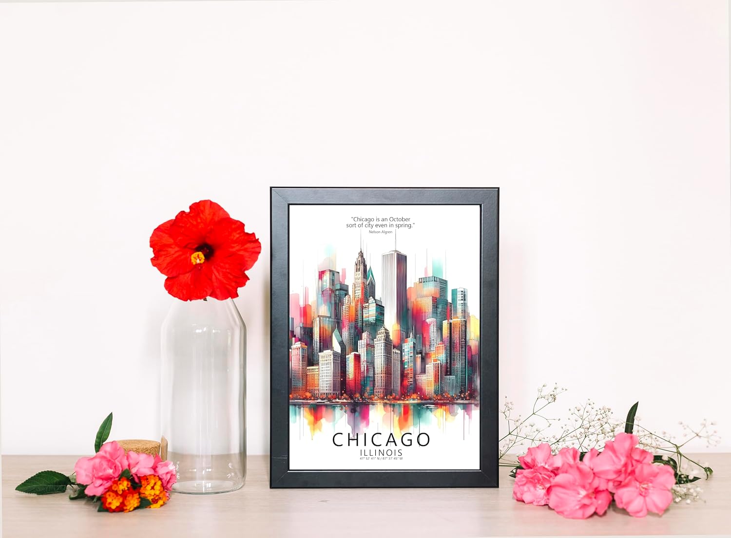 Chicago Skyline Poster, Chicago Illinois Poster, Cityscape, City Poster, Cityscape, City Prints, US Cities Wall Art, Travel Wall Art Decor, Home Deco (Framed 5x7 Inches) (CHICAGO ILLINOIS)