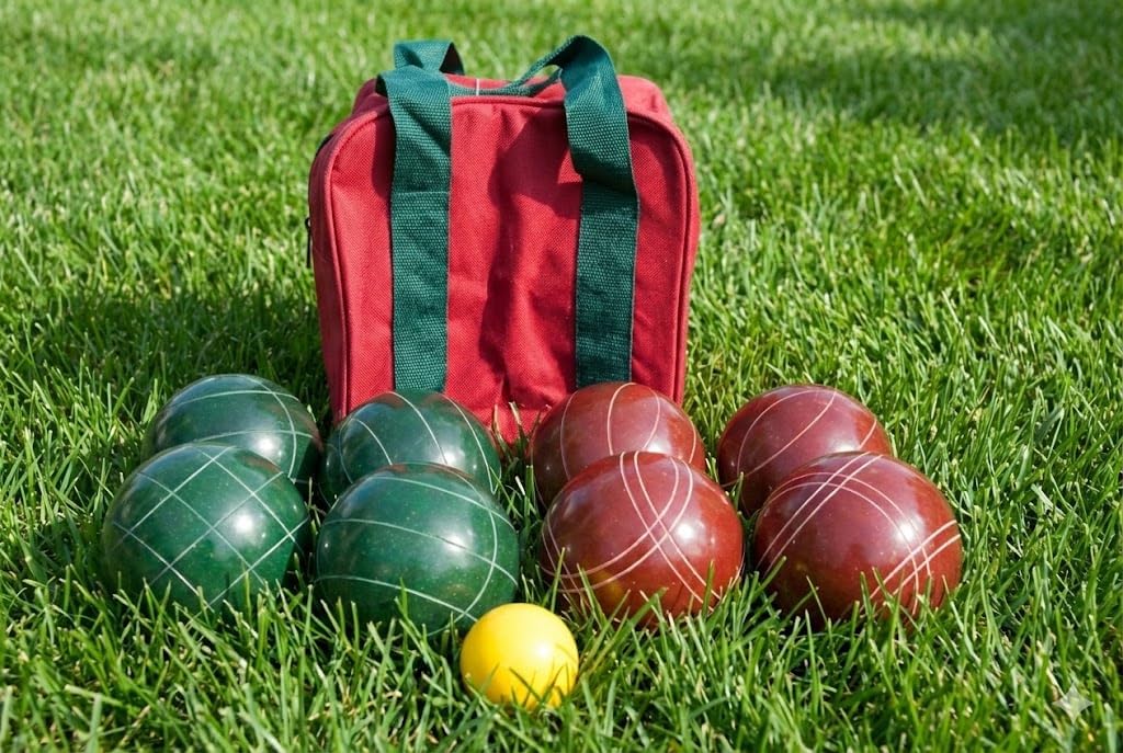 BuyBocceBalls Listing - Made in USA, Premium Quality Tournament Bocce Set - 110mm Dark red and Green Balls, Nylon Bag, 998 Grams (2 lbs. 3.2 oz.). Various Bag Colors