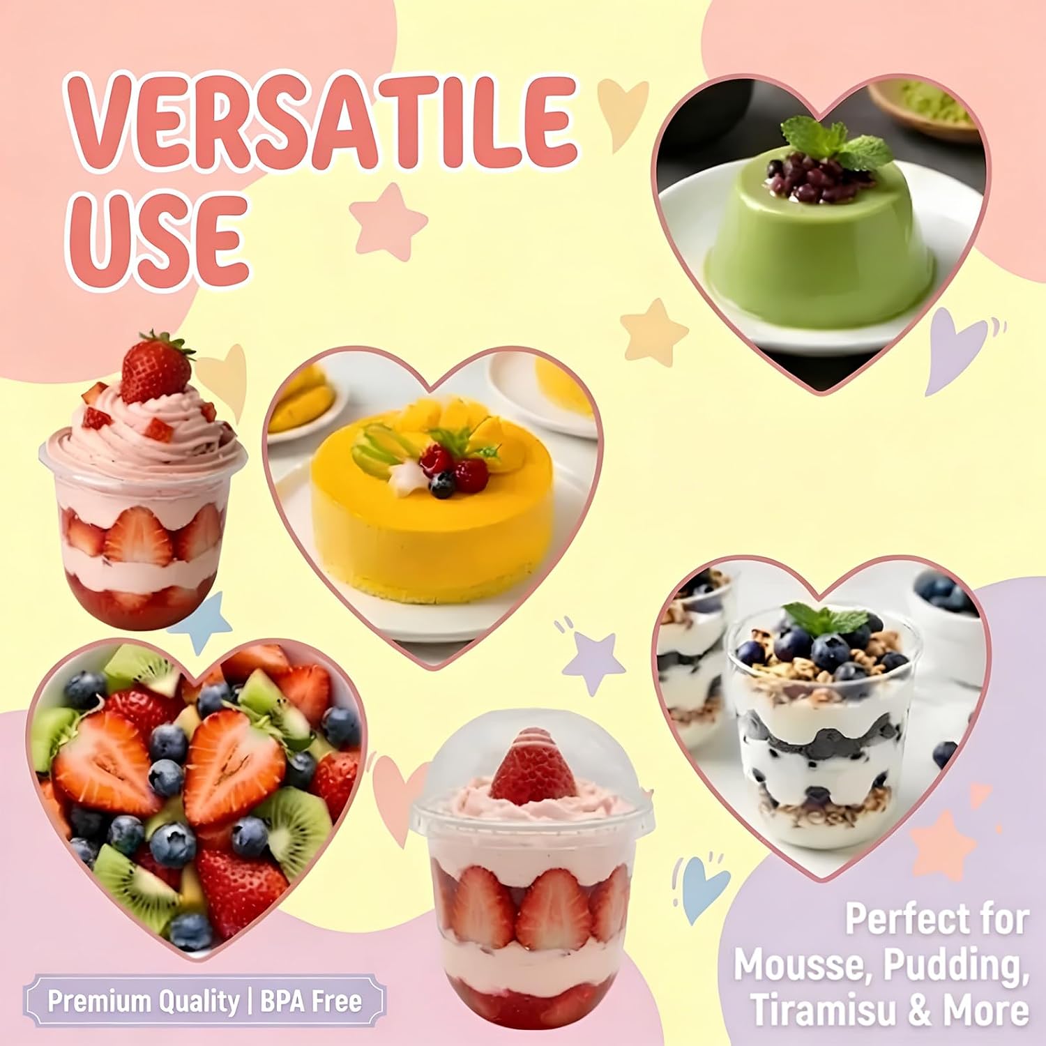 12 oz Plastic Dessert Cups with Dome Lids, Individually Wrapped Sporks and Stickers, Disposable Parfait Charcuterie Cups for Fruit, Cupcakes, Pudding and Snacks