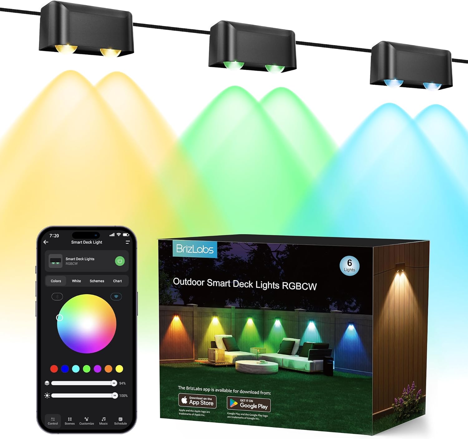 BrizLabs Smart Deck Lights, 6 Lamps RGBCW Outdoor Fence Lights Work with Alexa & Google Home, IP65 LED Patio Deck Lighting APP Controlled, Rainbow WiFi Fence Lighting Music Sync for Patio Yard Garden