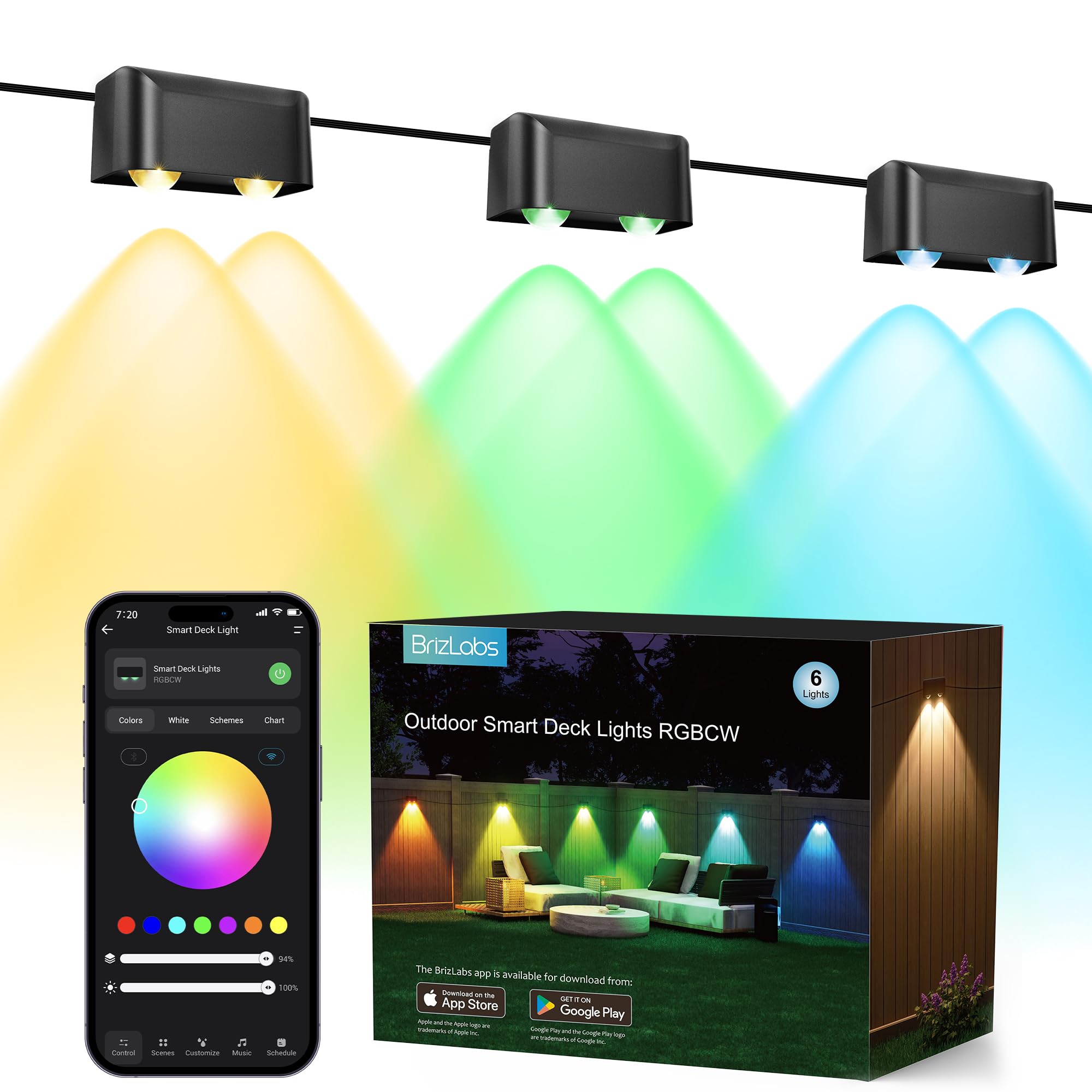 BrizLabs Smart Deck Lights, 6 Lamps RGBCW Outdoor Fence Lights Work with Alexa & Google Home, IP65 LED Patio Deck Lighting APP Controlled, Rainbow