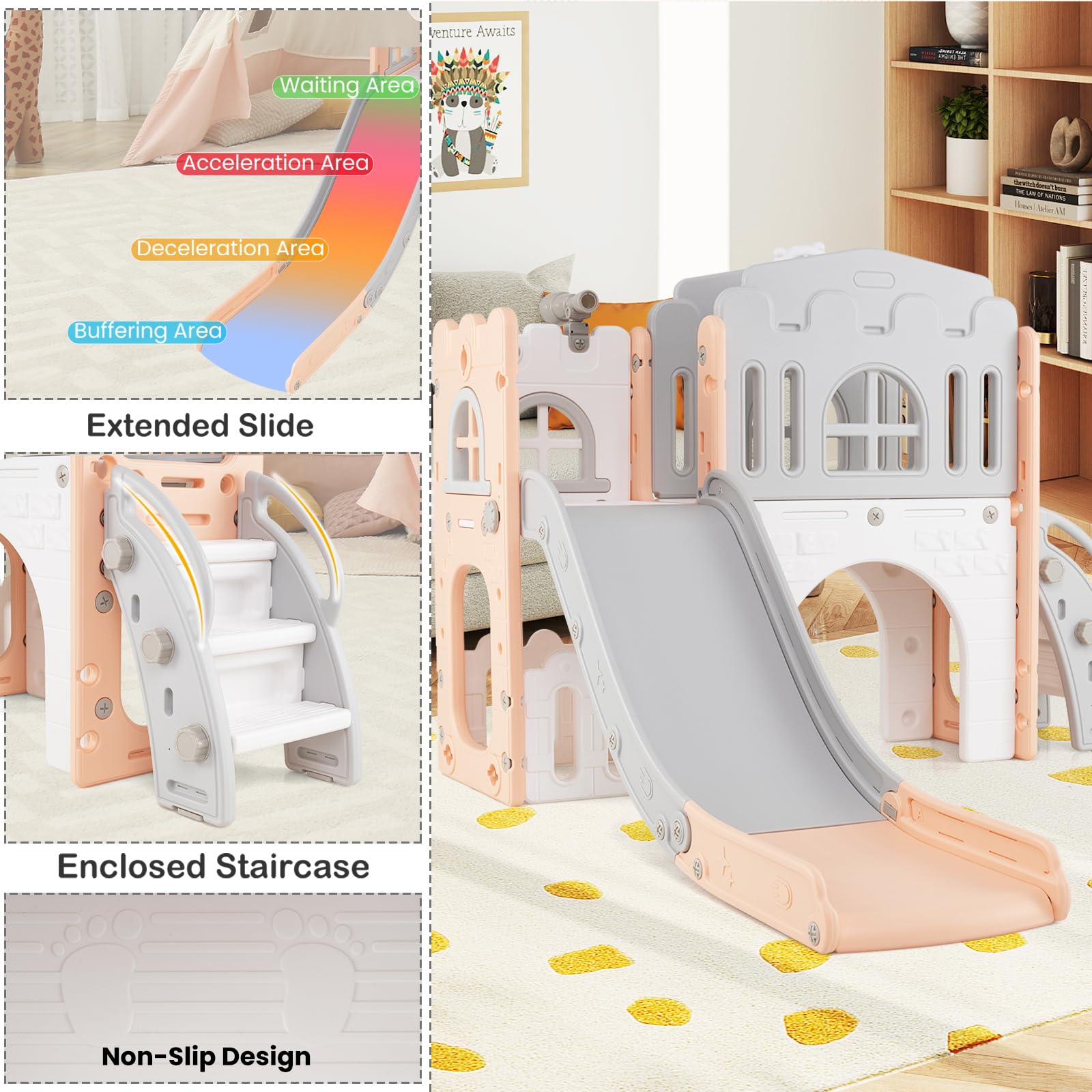 HOMASIS Scivolo per Bambini in HDPE, 9 in 1 Parco Giochi con Volante, Cannocchiale, Canestro da Basket, Tunnel, Scala da Arrampicata, Palestra Montessoriana per Bambini da 3+ Anni (Rosa)
