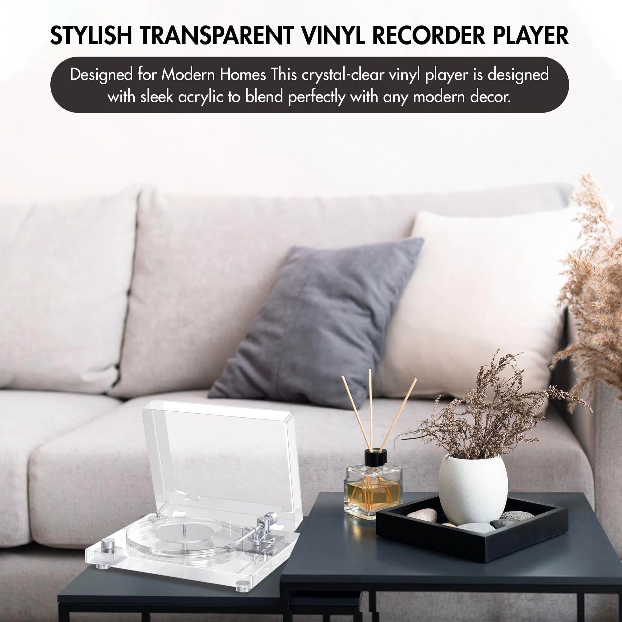 Vinyl Record Player,Transparent Acrylic Bluetooth Turntable with Magnetic Cartridge, 2-Speed Belt-Drive, Stylish Clear Vinyl Record Player for Home Decor & Gifts for Music Lovers, Aux-in Functionality