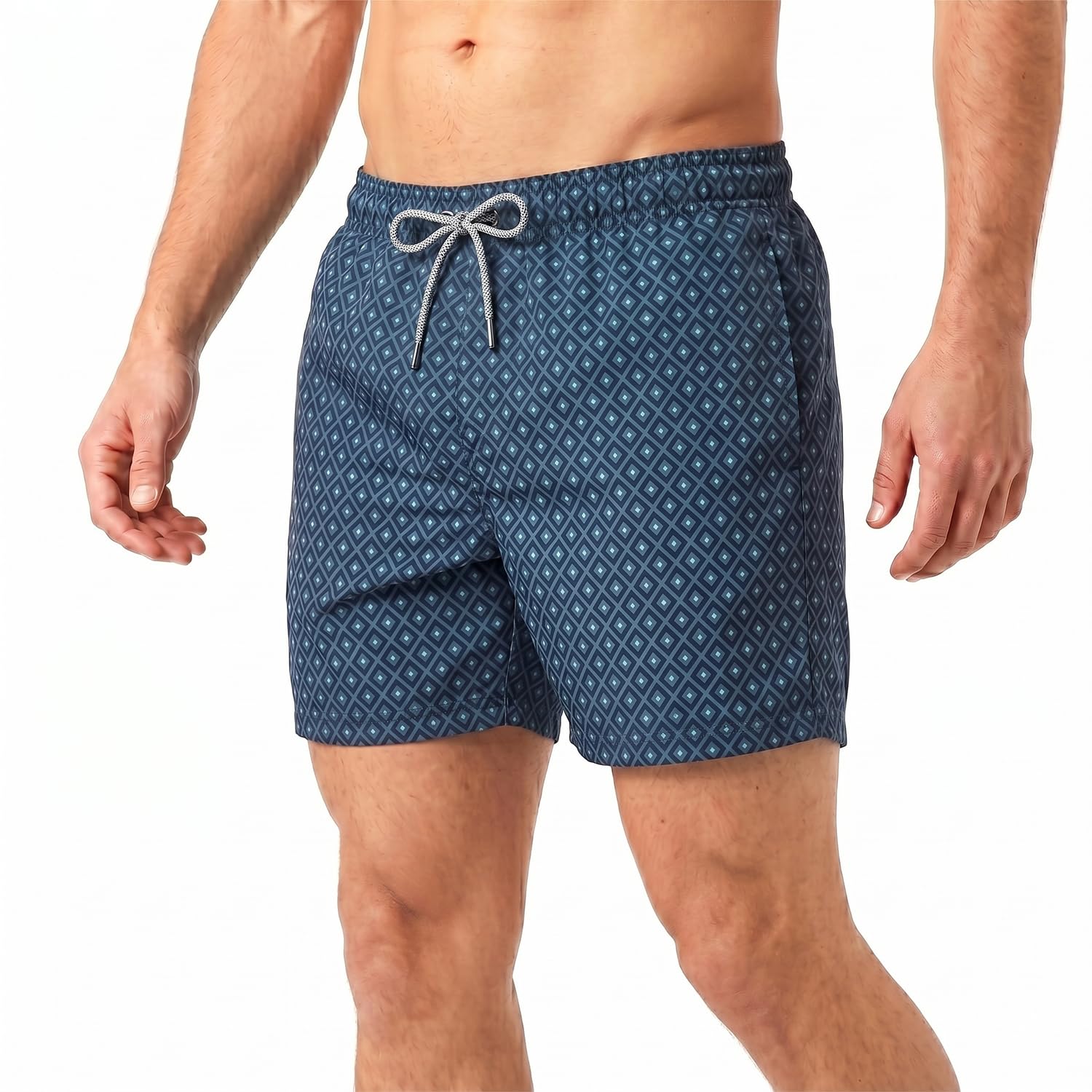 RIPT Men’s Quick Dry Swim Shorts with Mesh Lining Drawstring Waist UV50 Sun Protection Beach & Swimming Trunks (Airforce Blue Diamond Print, S)