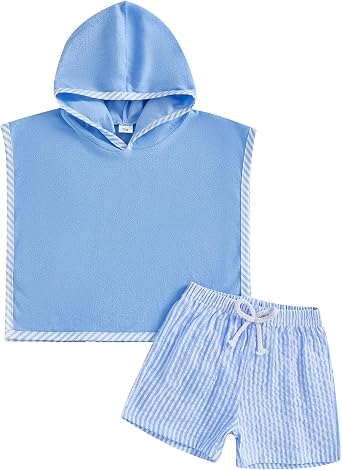 Baby Swimsuit Cover Up Boy Girl Hooded Top Seersucker Shorts Swimwear Coverup Toddler