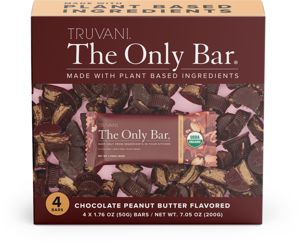 Truvani Plant Based Snack Bar | Chocolate Peanut Butter 4 Pack | 7g Protein | USDA Organic and Vegan | The Only Bar | Dairy, Soy, and Gluten Free | Individually Wrapped