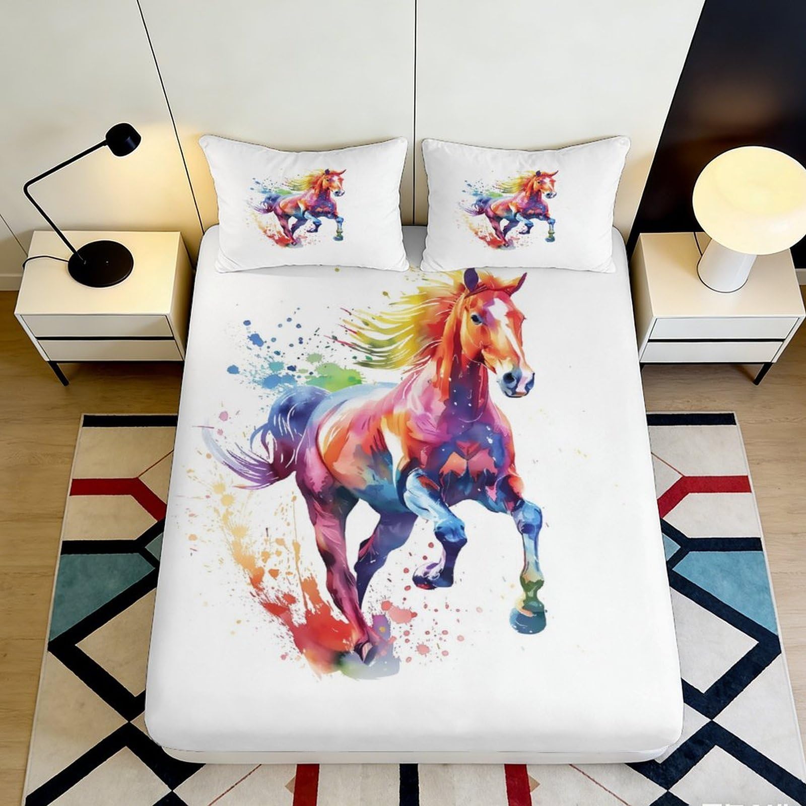 Pnayamiorkfel Style-7 3D Printed Colorful Horse Fitted Sheet Microfiber Soft Art Rainbow Stallion Mattress Cover Bedroom Decor 90X200x25cm