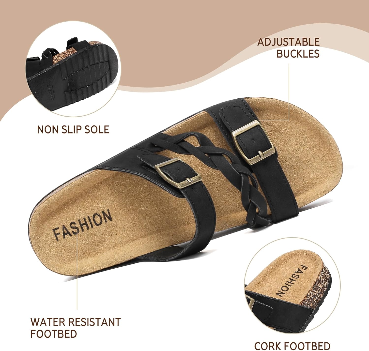 Women's Cork Footbed Sandals with Arch Support Comfortable Adjustable Straps Braided Sandal with Double Buckles, Non-Slip Slip-On Slide Sandals for Summer Water Resistant Slides Footwear - Image 4