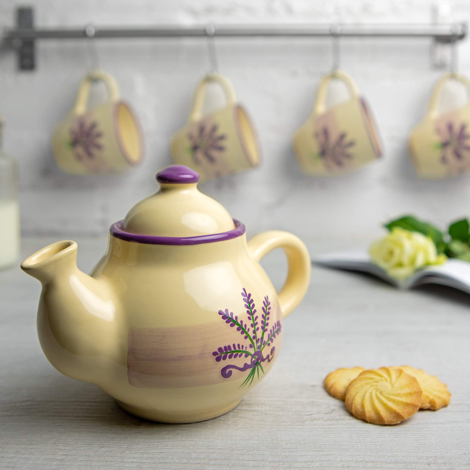 City to Cottage® - Kleines Tee Kaffee Set | Lavendel Motiv | Handgemacht | Keramik Teekanne Kaffeekanne 750 ml, Milchkännchen, Zuckerdose