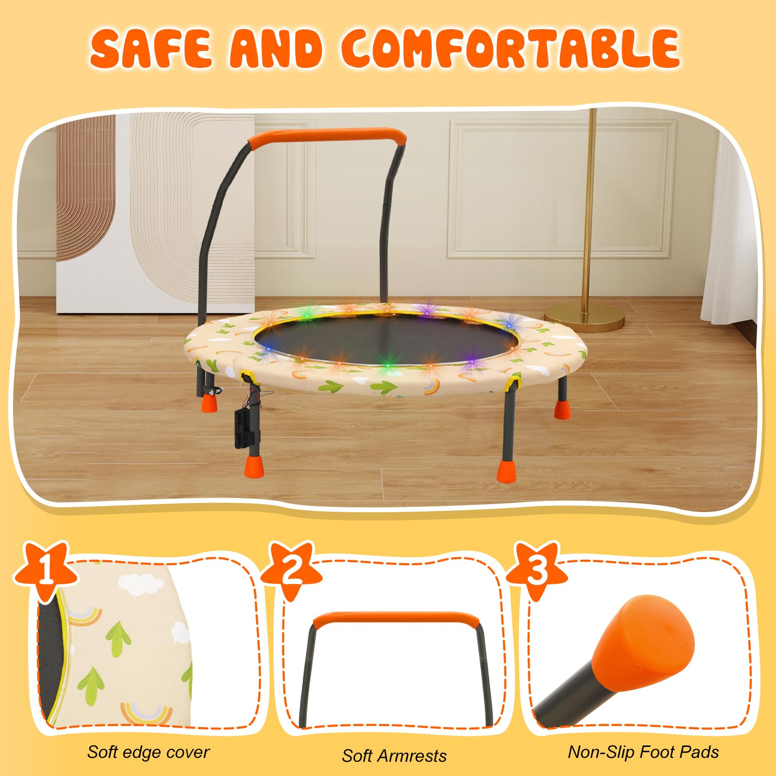 Trampolin Kinder Indoor Outdoor Mini Kindertrampolin mit Verstellbarer Haltegriff Gepolsterter Sicherheitsabdeckung, Trampolin Klein für ab 3 Jahre