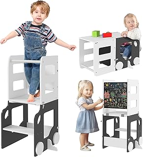 AIYAPLAY Torre de Aprendizaje 4 en 1 Taburete de Aprendizaje para Niños de +3 Años en Forma de Coche Convertible en Mesa y Silla con Pizarra de Doble Cara Barra de Seguridad 58x46x92 cm Blanco y Gris