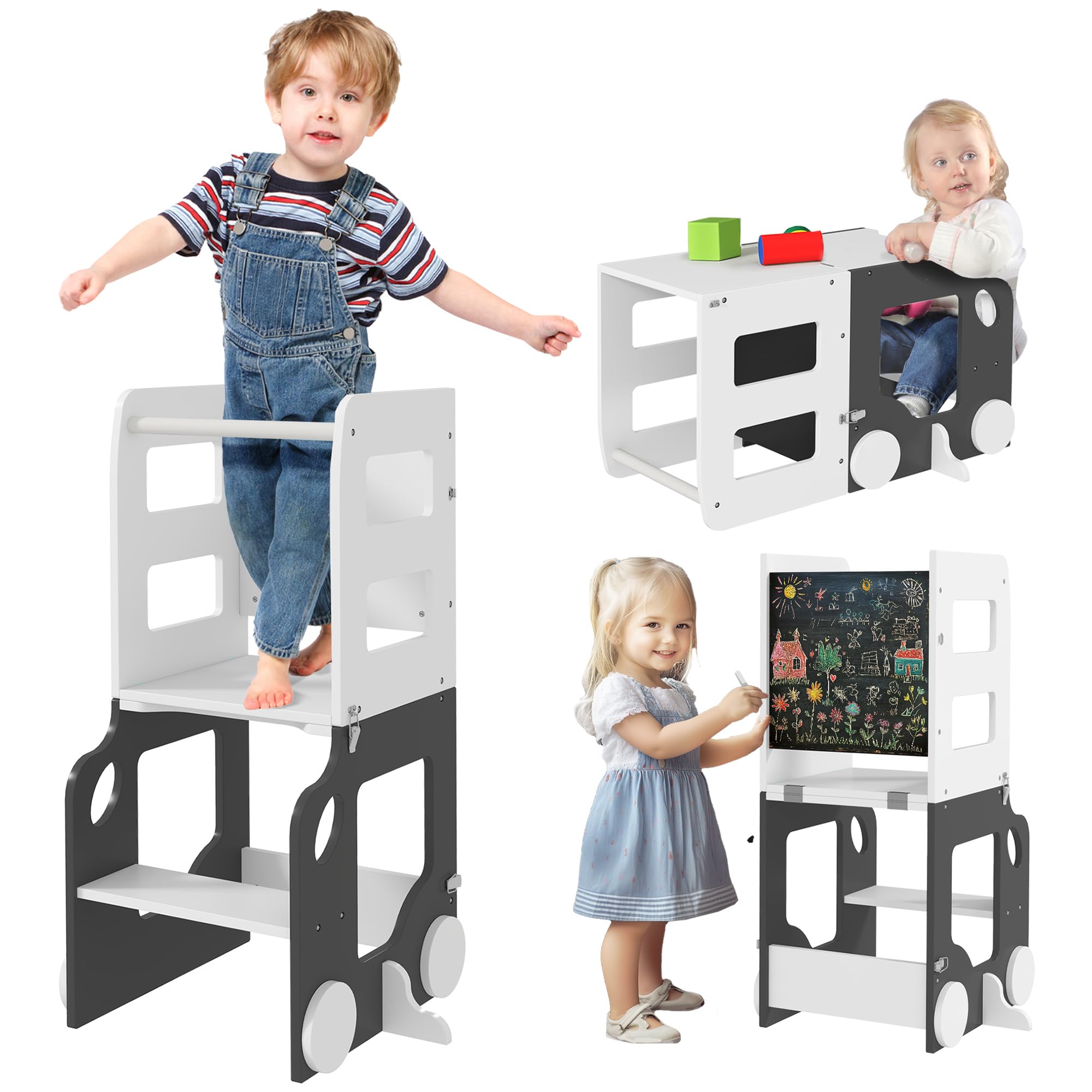 AIYAPLAY Scala Montessori 4 in 1 Pieghevole per Bambini 3-6 Anni con 2 Lavagne e Set Tavolo e Sedia, Torre Montessoriana a Forma di Auto in MDF e Legno di Pino, 58x46x92 cm, Bianco