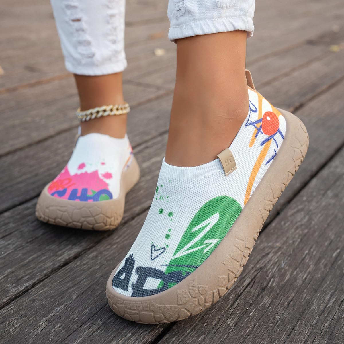 Mocasines de punto pintados con arte para mujer, zapatos casuales para caminar