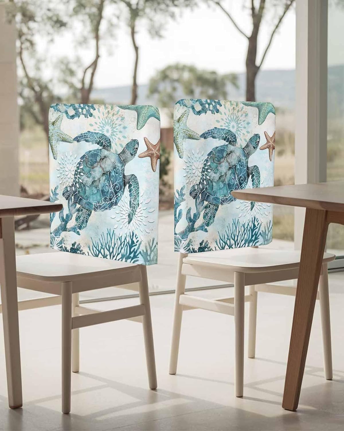 Teal Turtle Coastal Chair Covers Set of 4, Summer Beach Decorative Chair Back Cover, Sea Nautical Starfish Dining Room Chair Slipcovers Removable Chair Protectors Covers for Party Banquet
