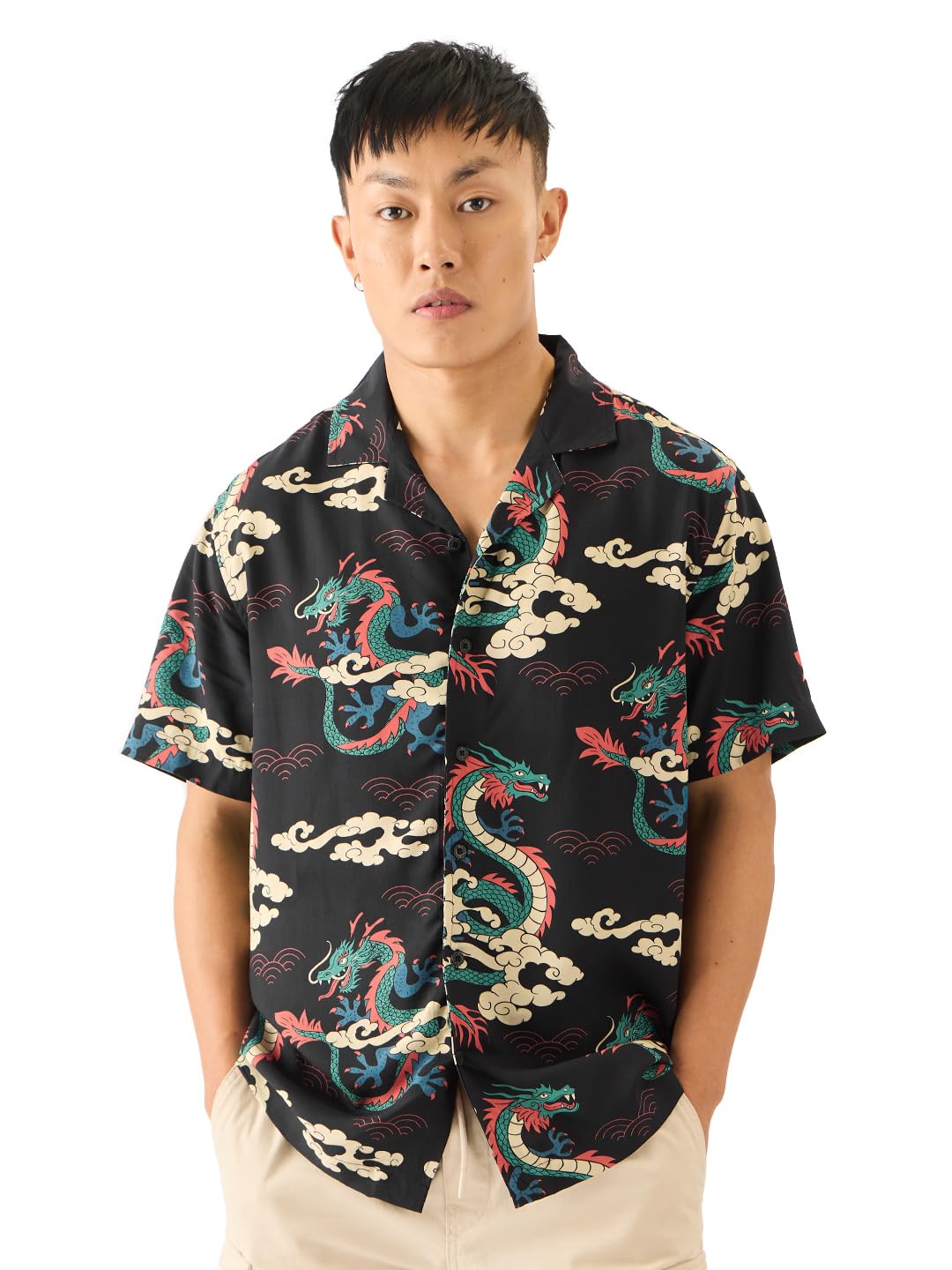 The Souled StoreDragons Men and Boys Short Sleeve Collared Neck Button Down Black All Over Printed Cotton Summer Shirts
