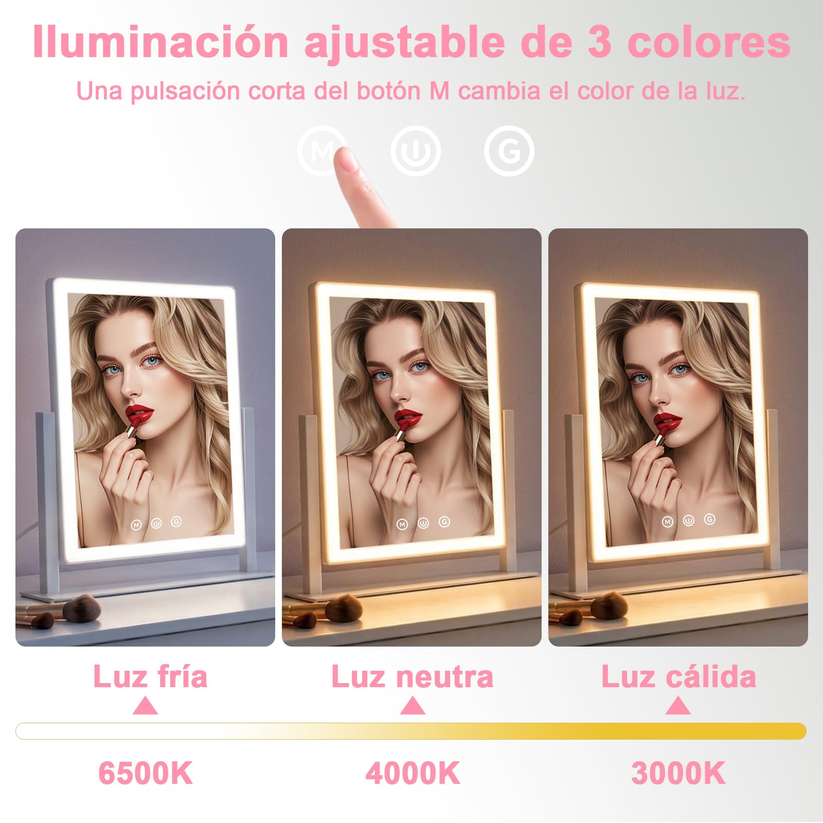 AIMAX Espejo Maquillaje con luz, 27,5 x 37,5 cm, rotación de 360°, Espejo cosmético con LED, 3 Modos de luz y Regulable, Control táctil, Espejo de Mesa para el tocador, para Maquillaje