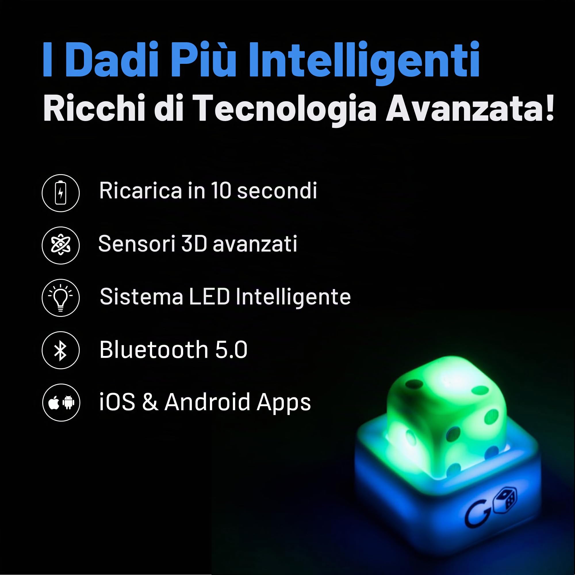 GoDice Full Pack - 6 dadi intelligenti connessi. Porta i migliori giochi di dadi di tutti i tempi al 21 ° secolo. Giochi educativi, divertenti e innovativi per familiari, amici, App gratuita.