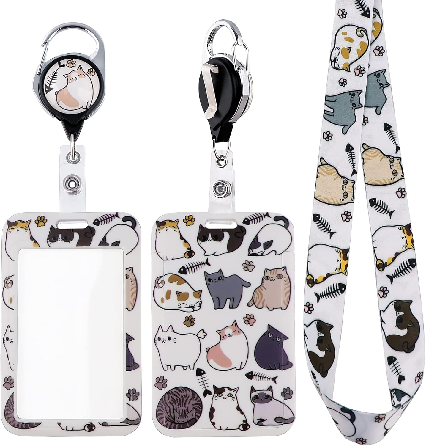 Key Lanyard for Women Girls Nurse Teachers for ID Badges Cute Cats ID Badge Card Holder Lanyard & Retractable Badge Reel Clip Preppy Keychain Neck Lanyard for Keys School ID Lanyard Holder White Cats