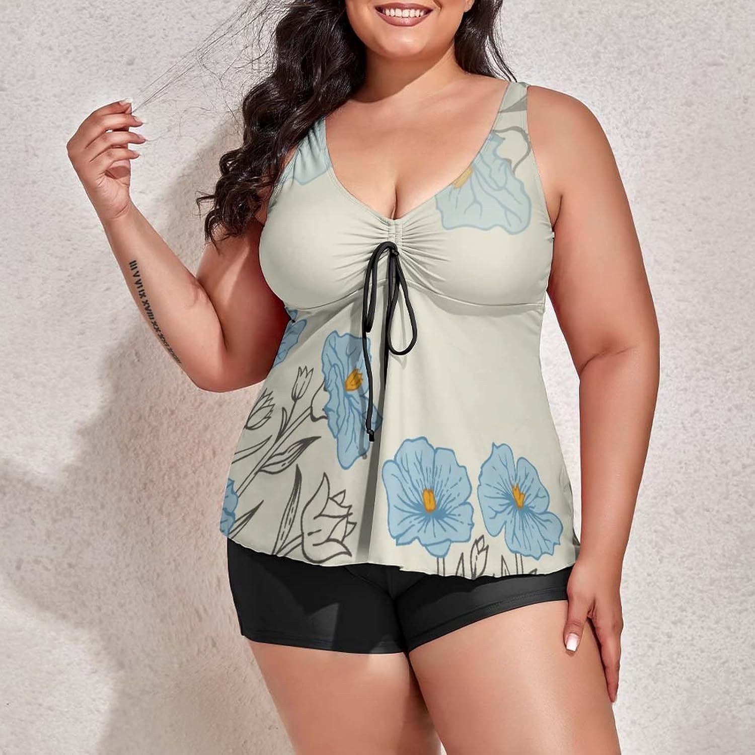 Womens Plus Size Tankini Swimsuits Swim Top Shorts Blue Floral Flower Seamless Pattern Two Piece Bathing Suit Spring Summer Flower Swimwear Tummy Control