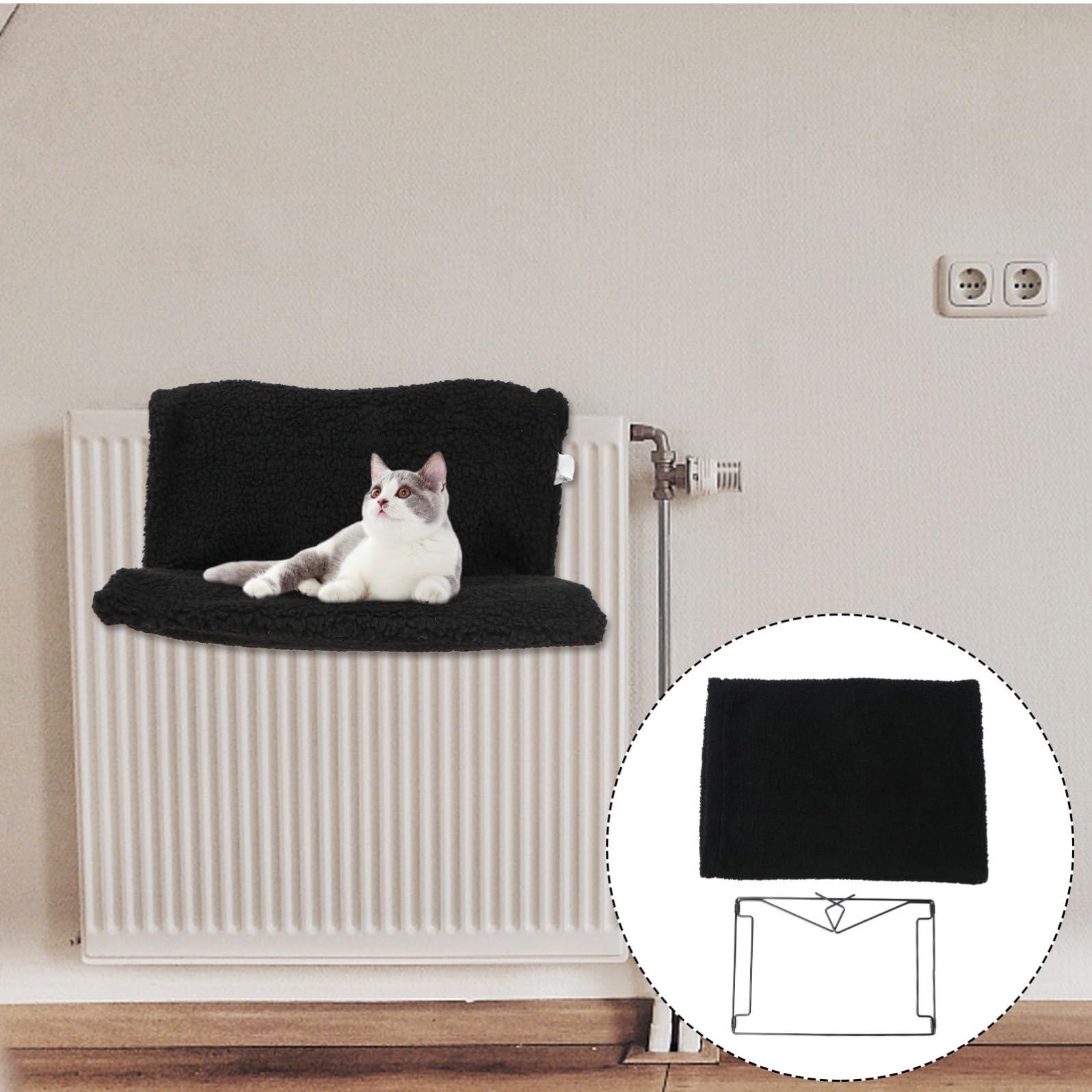 Amaca per Gatti da Radiatore Struttura in Metallo Nero, Tessuto in Poliestere e Lino, Facile da Riporre Caldo per Animali Domestici