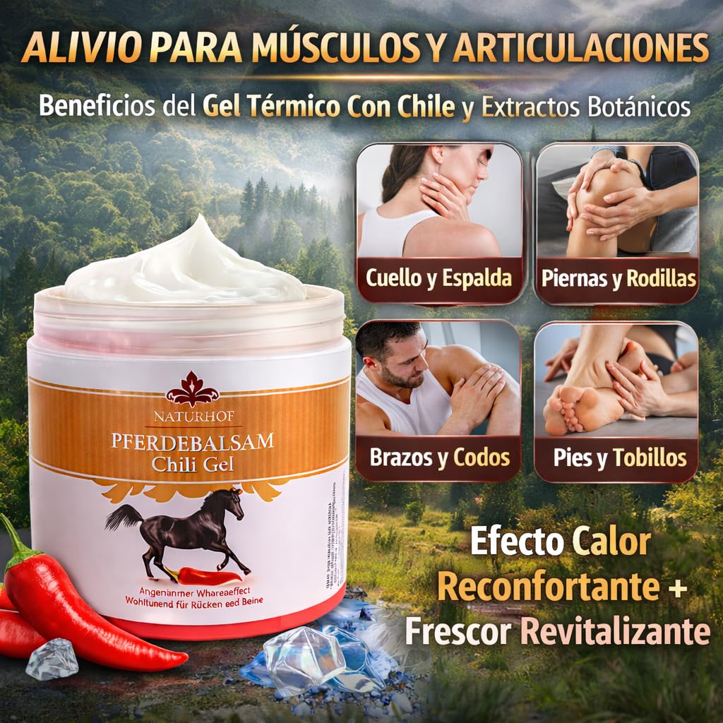 Bálsamo de Caballo Naturhof Gel 2 x 250 ml – Gel Térmico con Chili y Extractos Botánicos para Dolor Muscular y Articular – Absorción Rápida, Efecto Calor y Frescor – Uso Diario